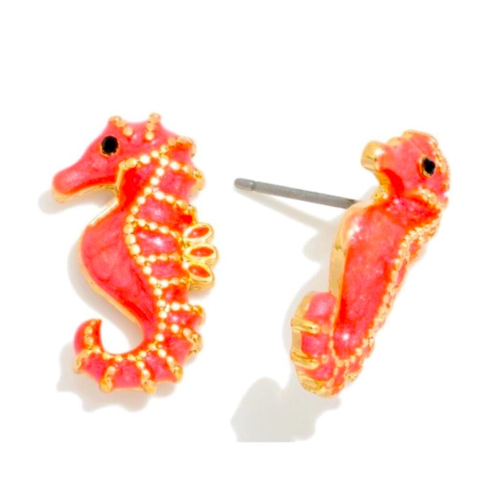 Glitter Enamel Sea Horse Large Stud Earrings *Coral*